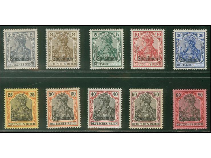 1905/13, Germania mit Wz. Friedensdruck: 2-80 Pfg. (ohne 60 Pfg.) mit Aufdruck "Specimen", postfrisch, unsigniert, Fotoattest
