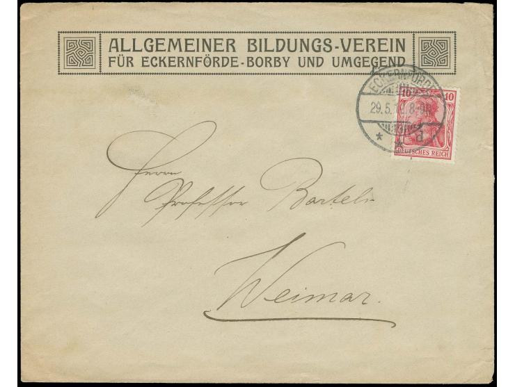 10 Pfg. magenta als portogerechte Einzelfrankatur auf Firmenbrief von "ECKERNFÖRDE 29.5.12" nach Weimar, kleine Beförderungss
