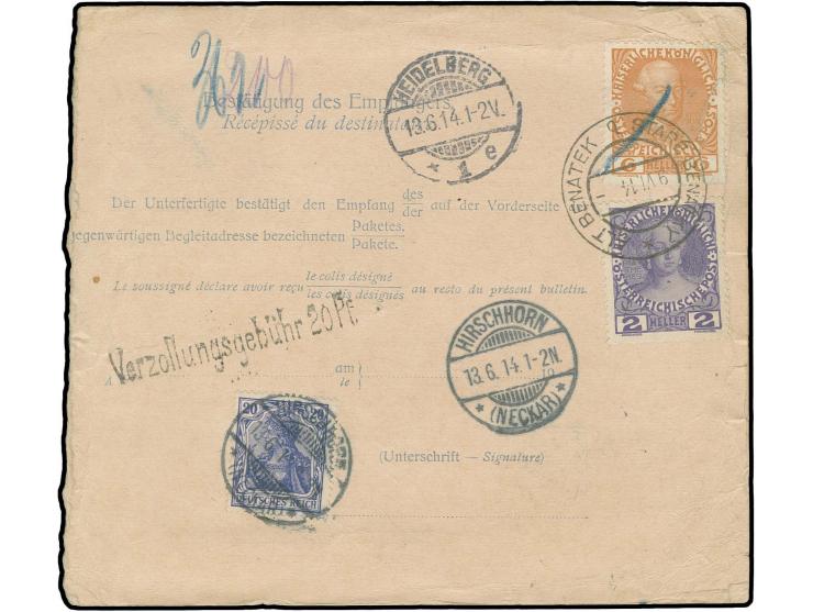 20 Pfg. lilaultramarin mit Stempel "HIRSCHHORN 12.6.14" als Verzollungsgebühr rückseitig auf Paketkarte aus "ALT BENATEK 9.VI