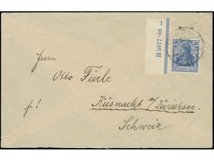 20 Pfg. lilaultramarin mit linkem Rand und HAN "5077.08 1" als portogerechte Einzelfrankatur auf Brief von "BERLIN 23.12.11" 