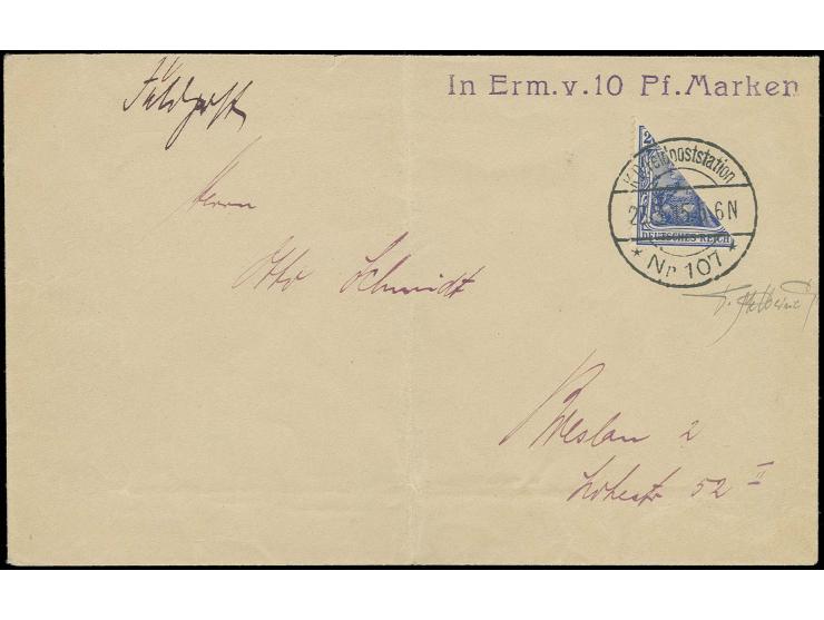 20 Pfg. diagonal halbiert mit Stempel "K.D. Feldpoststation Nr. 107 23.3.15" als 10 Pfg. Frankatur auf Brief mit violettem L1