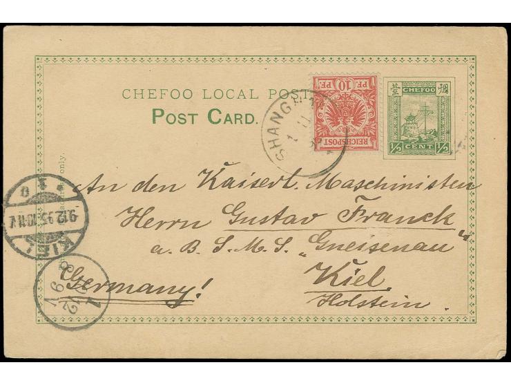 1893, postcard 1/2 c. uncancelled, used from "Chefoo 28. October 1895" to Germany with combination franking Germany 1890/99, 