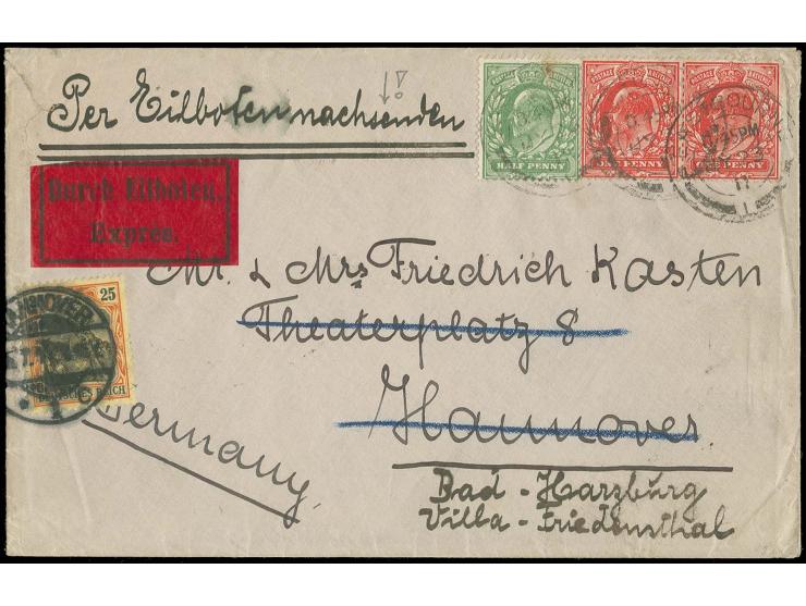 25 Pfg. schwärzlichorange/gelbschwarz mit Stempel "HANNOVER 26.7.11" für die Eilboten-Nachsendegebühr auf frankiertem Brief v