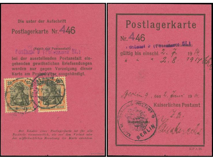 25 Pfg. schwärzlichorange/gelbschwarz, 2 Stück mit Stempel "BERLIN 2.7.14" bzw. "2.8.14" rückseitig auf Postlagerkarte mit Di