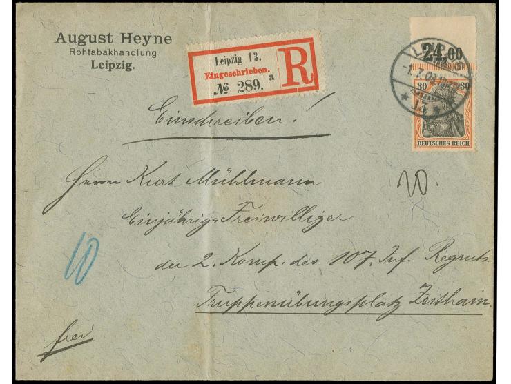 30 Pfg. rötlichorange/schwarz auf mittelchromgelbes Papier mit Platten-Oberrand (mit Strichelleiste) als portogerechte Einzel