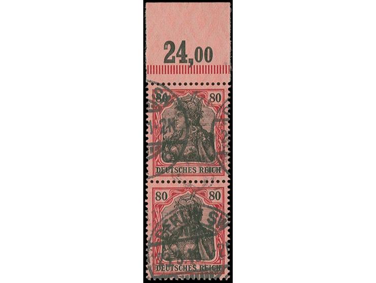 80 Pfg. dunkelrotkarmin/schwarz im senkrechten Paar mit Plattenoberrand (mit Strichelleiste), sauber gestempelt, Kabinett