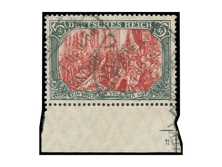 5 M. grünschwarz/dunkelkarmin (gelblichrot leuchtend) mit Unterrand und Plattennummer "17", gestempelt, rechts mit zwei verkü