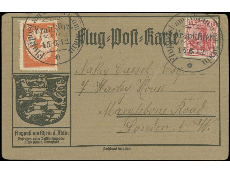 1912, Rhein-Main 20 Pfg. mit Flugpost-Stempel "Frankfurt 15.6.12" auf Sonderkarte mit Germania 10 Pfg. und Text nach London, 