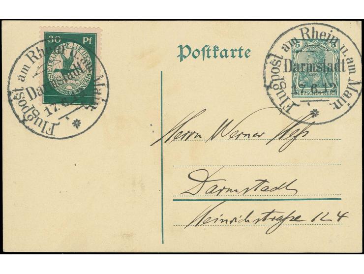 1912, Flugpost Rhein-Main 30 Pfg. mit Ersttag-Flugpoststempel "Darmstadt 17.12". auf Germania Ganzsachenkarte 5 Pfg., Pracht,