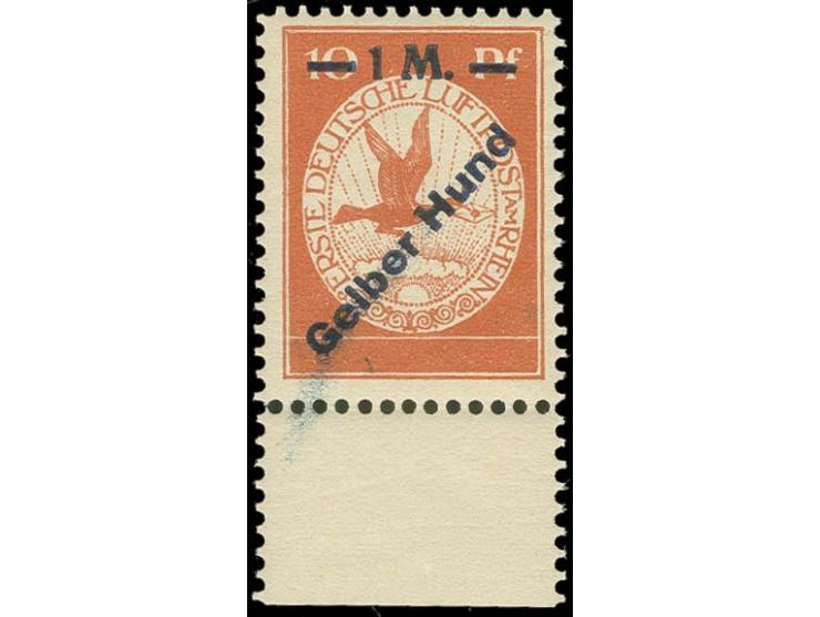 1 M. auf 10 Pfg. Gelber Hund, postfrisch vom Unterrand, Aufdruck etwas verwischt (Mi. 2.500,-)