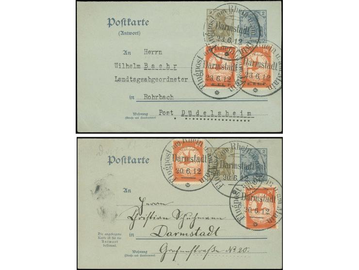 1912, E.EL.P. 10 und 20 Pfg. mit Flugpost-Sonderstempel "Darmstadt 23.6." auf Antwort-Ganzsachenteil 3 + 2 Pfg. Germania, Fra