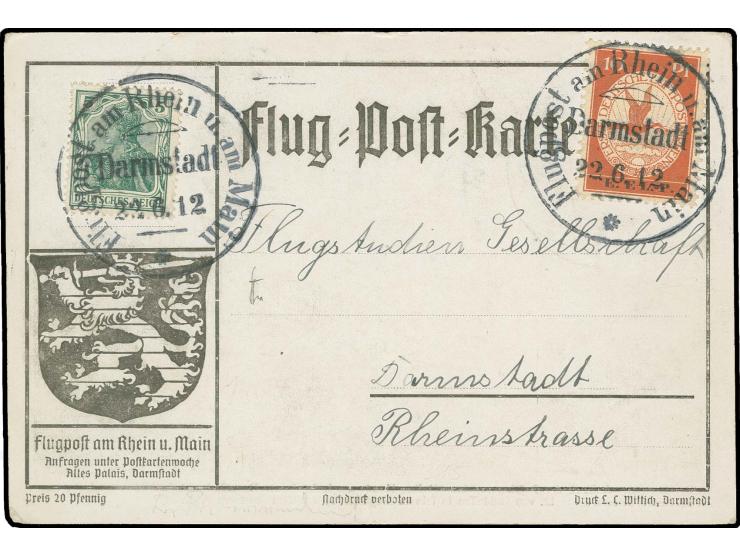 1912, E.EL.P. 10 Pfg. mit Flugpost-Stempel "Darmstadt 22.6.12" auf offizeller Fotokarte "Ankunft der Postflugmaschine Gelber 