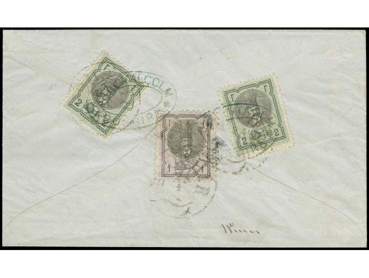 Nasser-eddin 1 ch. and 2 copies 2 ch. tied by oval company chop and Boushir cds. to reverse of envelope to Ispahan; one 2 ch.
