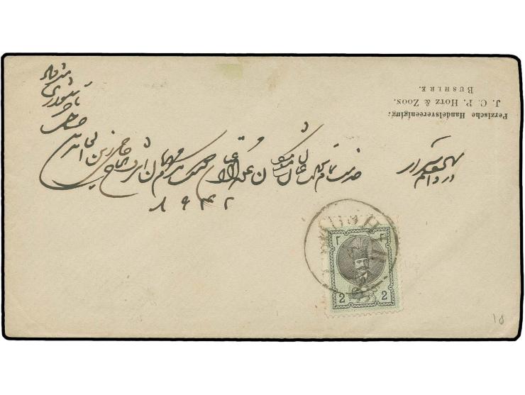 2 ch. tied by black Boushir cds. to envelope with printed sender "Perzische Handelsvereeniging...." to Shiraz, fine