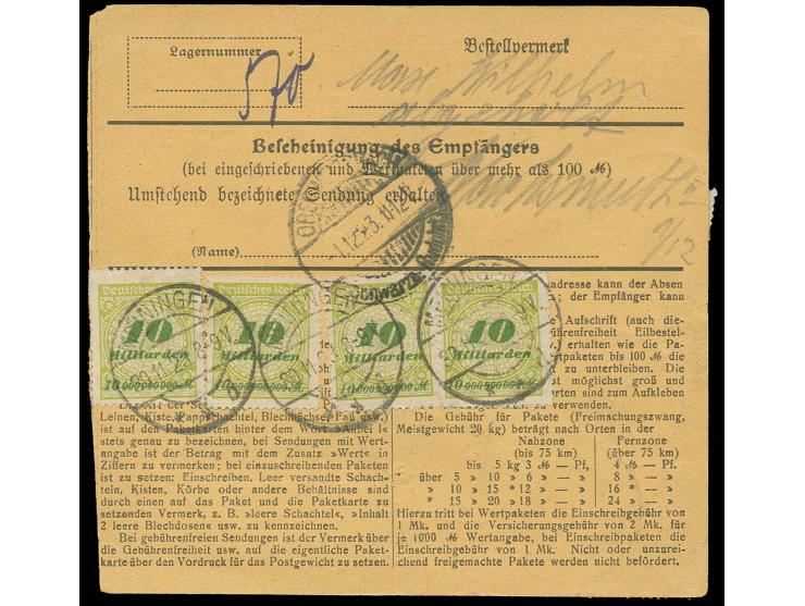 10 Mrd., 7 Stück vorder- und rückseitig als portogerechte Mehrfachfrankatur auf Paketkarte von "MEININGEN 30.11.23" nach Ober