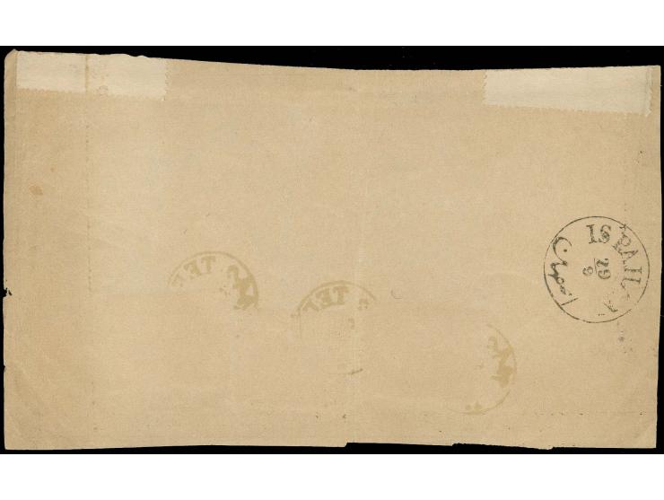 5 fr. red/black with 1882/84, 5 ch. green and 50 c. black/grey, all tied by cds. of Teheran to Barnameh with arrival mark of 