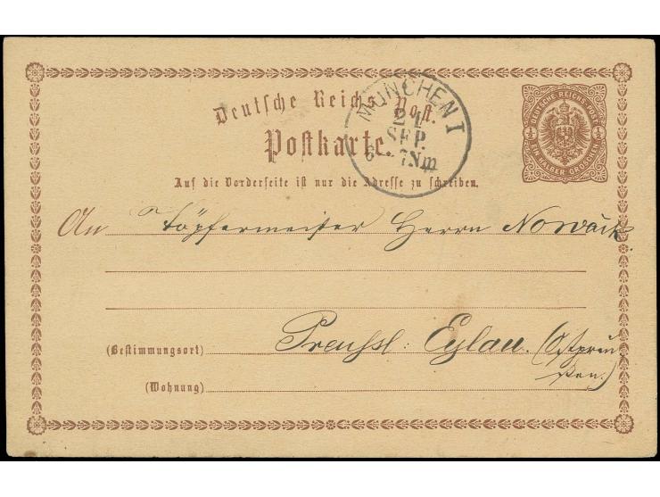 Ganzsachenkarte ½ Gr. mit Bayern-EKr. "MÜNCHEN I 21 SEP." bedarfsverwendet nach preußisch Eylau, seltene Fremdverwendung, Fot