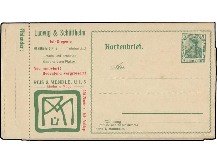 1907, Ganzsachen-Anzeigen-Kartenbrief Germania 5 Pfg., Serie I, Mannheim, ungebraucht, Pracht