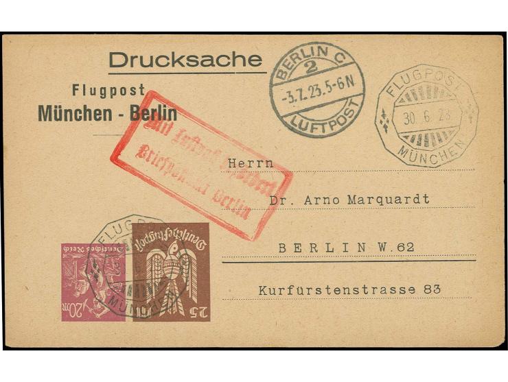 1923, Privatpost-Ganzsachenkarte 25 + 20 M. mit kopfstehendem Werstempel und Flugpost-Strecke "München-Berlin", gebraucht mit