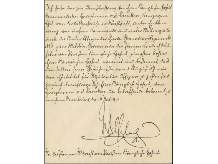 1893, Kaiser Wilhelm II, e.U. auf kpl. Schreiben an den Prinzen Albrecht von Preußen mit Text über die Versetzung von Hauptma