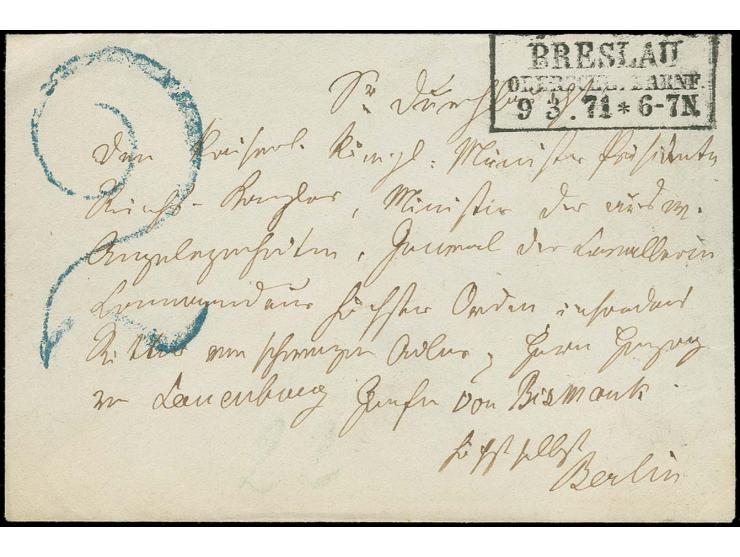 1871, "2", großer blauer Taxstempel auf kleinem unfrankiertem Couvert von "BRESLAU OBERSCHL. BAHNF. 9 3 71" an den Reichskanz