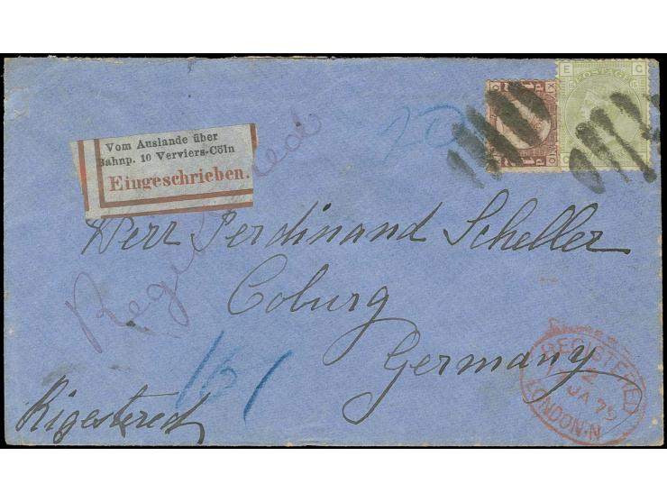1879, "Vom Auslande über Bahnp. 10 Verviers-Cöln", früher Transit-R-Zettel auf R-Brief von "LONDON 17.1." mit  1 S. grün und 