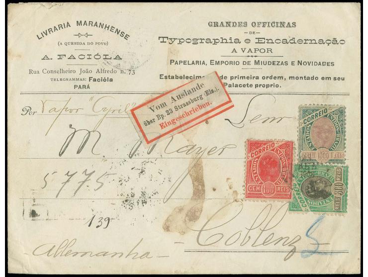 "Vom Auslande über Bp. 23 Strassburg (Els.). Eingeschrieben.", Transit R-Zettel auf R-Brief von Brasilien 1903 über Lissabon 