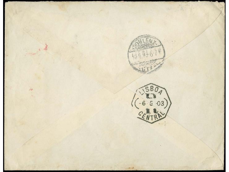 "Vom Auslande über Bp. 23 Strassburg (Els.). Eingeschrieben.", Transit R-Zettel auf R-Brief von Brasilien 1903 über Lissabon 