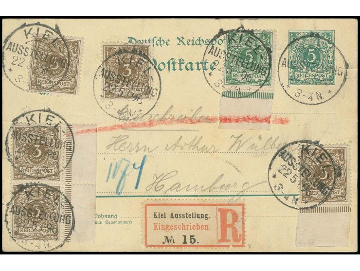 1896, "KIEL-AUSSTELLUNG 22.5.96", 7 klare Abschläge auf Krone/Adler Ganzsachenkarte 5 Pfg. mit Zufrankatur als R-Karte mit So