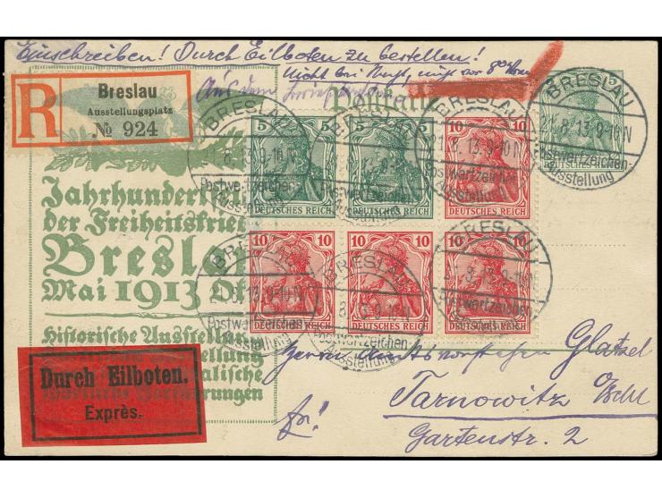 1913, "BRESLAU Postwertzeichen-Ausstellung 21.8.13", mehrere  klar Abschläge auf Sonder-Ganzsachenkarte "Breslauer Jahrhunder