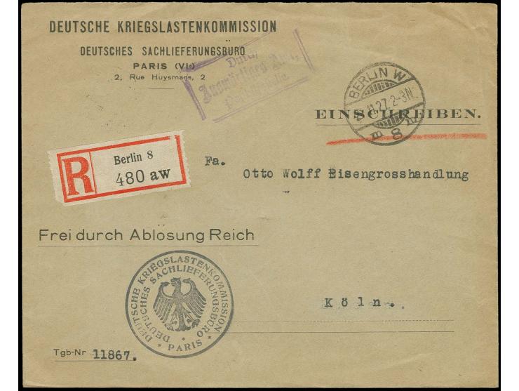 1927, Vordruckbrief "Deutsche Kriegslastenkommisson/Deutsches Sachlieferungsbüro Paris" als R-Brief "Frei durch Ablösung Reic