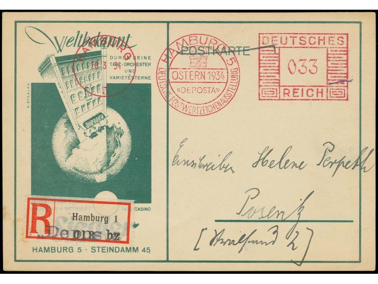 1934, 33 Pfg. Ausstellungs-Freistempel "DEPOSTA" von "HAMBURG 30.3." auf R-Drucksachen-Vordruckarte mit Sonder-R-Zettel "Depo