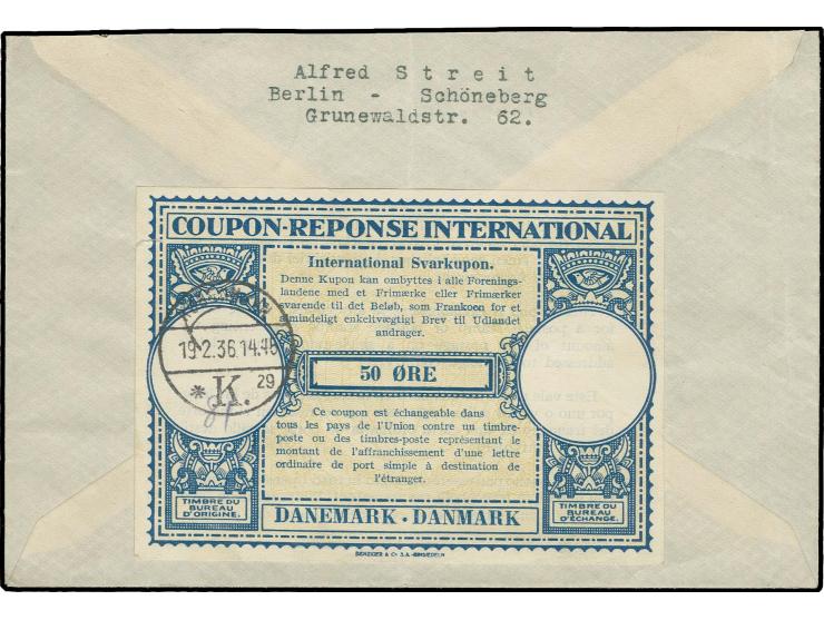 1936, Dänemark IAS 50 Ö. mit Ausgabestempel "KOBENHAVN 19.2.36" rückseitig auf Umschlag, als vorausfrankierter Antwortbrief, 