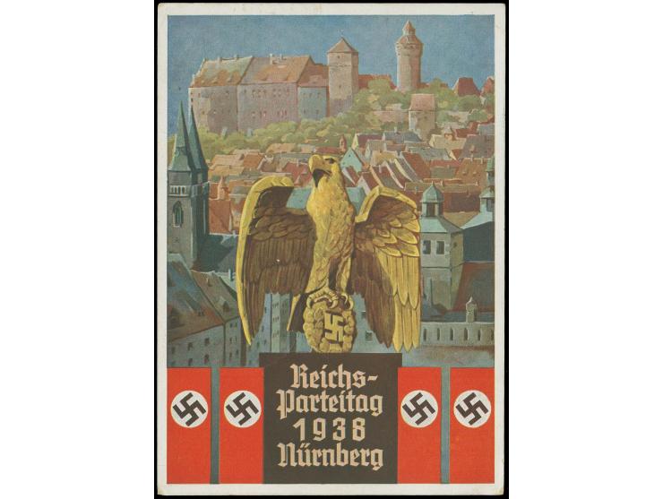 1938, "Reichsparteitag Nürnberg", farbige Karte mit Abb. "Adler auf Hakenkreuzstandarten vor Stadtkulisse mit Burg", gebrauch