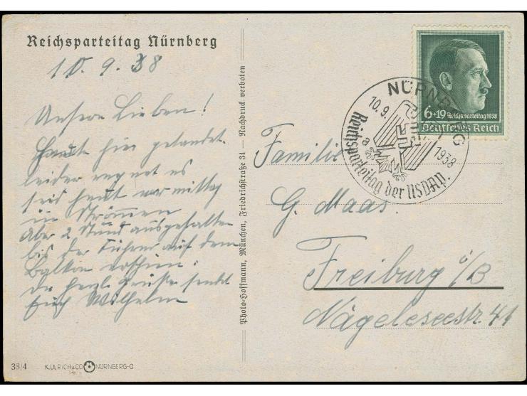 1938, "Reichsparteitag Nürnberg", farbige Karte mit Abb. "Adler auf Hakenkreuzstandarten vor Stadtkulisse mit Burg", gebrauch