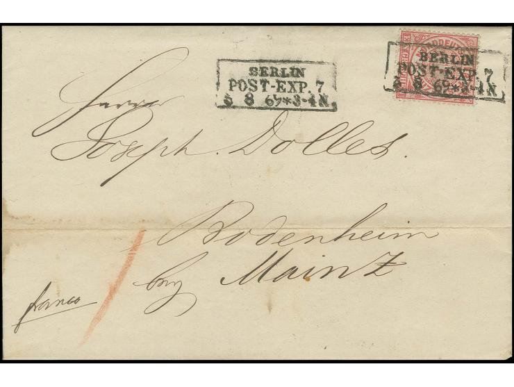 BERLIN-STEMPEL: 1869, "BERLIN POST-EXP. 7 6.8.69", schwarzer Ra3 mit Stern stehend als Entwerter und nebengesetzt auf kpl. Fa