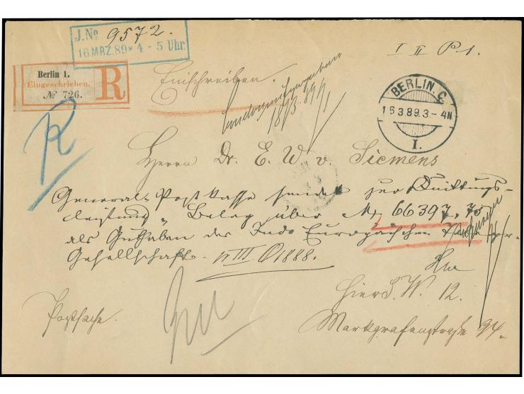 1889, "BERLIN C. I 16.3.89", großer Kreisstegstempel (Versuchsstempel) klar auf R-Postsachen-Briefvorderseite, dazu klarer Ab