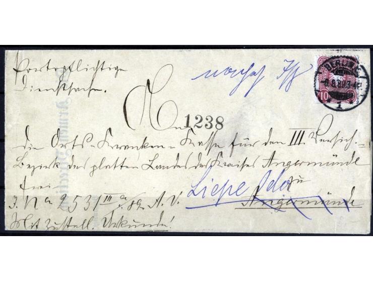 1889, "BERLIN C. I 16.3.89", großer Kreisstegstempel (Versuchsstempel) klar auf R-Postsachen-Briefvorderseite, dazu klarer Ab