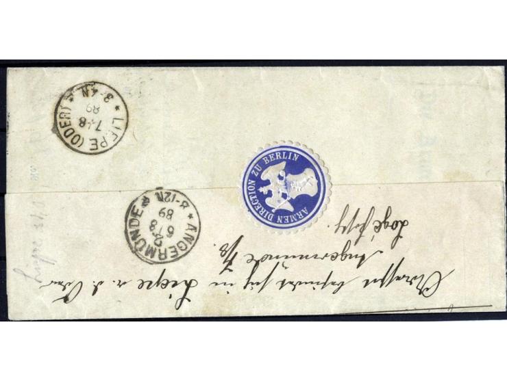 1889, "BERLIN C. I 16.3.89", großer Kreisstegstempel (Versuchsstempel) klar auf R-Postsachen-Briefvorderseite, dazu klarer Ab
