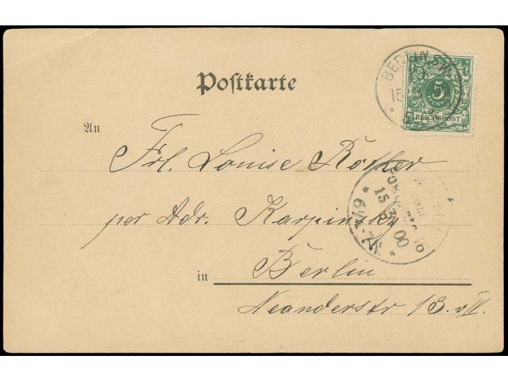 1900, "BERLIN SW. 19 *o 15.3.00", EKr. klar auf Ansichtskarte mit Krone/Adler 5 Pfg. als Ortskarte, kleiner Eckbug, sonst ein