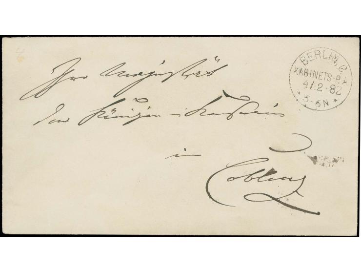 1882, "BERLIN KABINETS-P.A. 4.2.82" klar auf kleinformatigem Briefumschlag adressiert an Ihre Majestät Königin und Kaiserin i