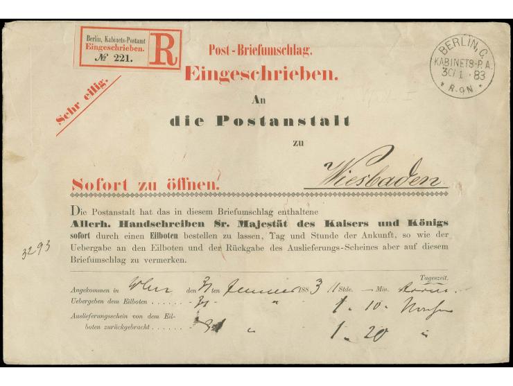 1883, "BERLIN KABINETS-P.A. 30.1.83" klar auf R-Vordruckbrief "Post-Briefumschlag" mit entsprechendem R-Zettel an das Postamt