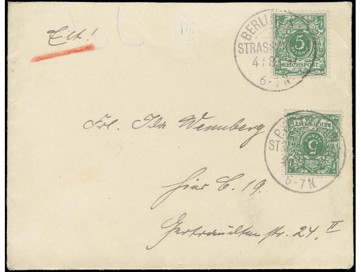 1897, "BERLIN I SW. STRASSENPOST 4.8.97", 2 klare Abschläge auf Ortsbrief mit 2 Einzelmarken Krone/Adler 5 Pfg. und Ankunftss