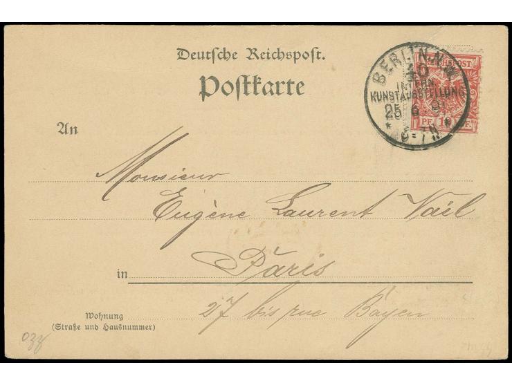 "BERLIN. N.W. 40 INTERN. KUNSTAUSSTELLUNG 25 6 91", vollständig und gut lesbar auf 1889, 10 Pfg. karmin auf Karte des Berline