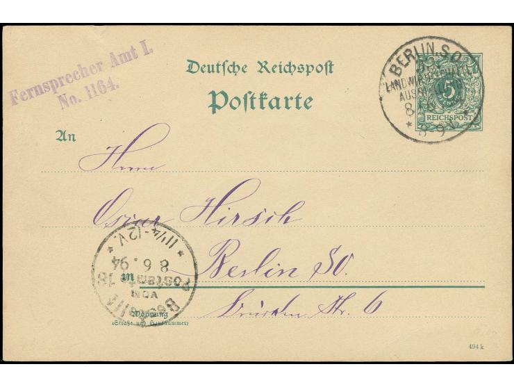 "BERLIN. S.O. 33. LANDWIRTSCHAFTL. AUSSTELLUNG 8/6 94" (KBHW S12), vollständig und klar auf 1891, Ganzsachenkarte 5 Pfg. im O