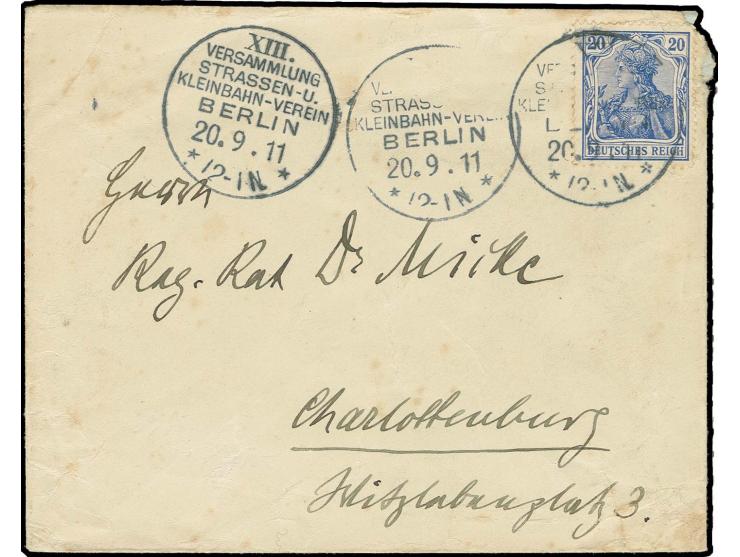 "XIII. VERSAMMLUNG STRASSEN-U. KLEINBAHN-VEREIN BERLIN 20.9.11" (KBHW S47) auf 1905, Germania 20 Pfg. ultramarin und zweimal 