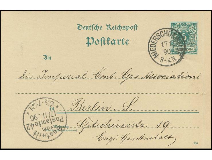 1890, "NIEDERSCHÖNWEIDE 17.11.90", Vorort-Stempel klar auf Ganzsachenkarte Krone/Adler 5 Pfg. nach Berlin, rechts mit Aktenbu