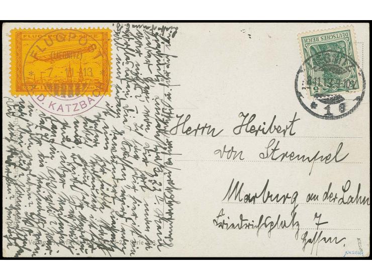 1913, Liegnitz Rundfahrt Marke mittelbraun auf orange mit sehr klarem Flugpoststempel "FLUGPOST (LIEGNITZ) A.D. KATZBACH 7.11