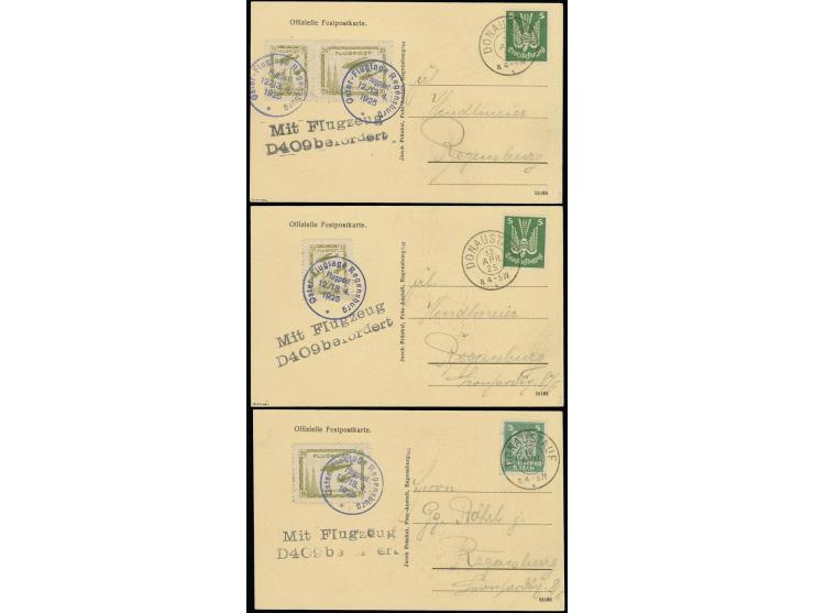 1925, Regensburger Osterflugtage 10 und 20 Pfg. je als Einzelfrankatur und als Zusammendruck 10+20 Pfg. auf 3 offizellen Flug