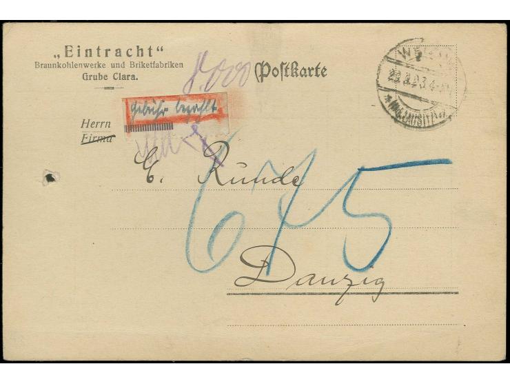Welzow: 1923, Gebührenzettel "Gebühr bezahlt mit Rotstift umrandet" mit übergehender Paraphe auf Firmenvordruckkarte der Grub